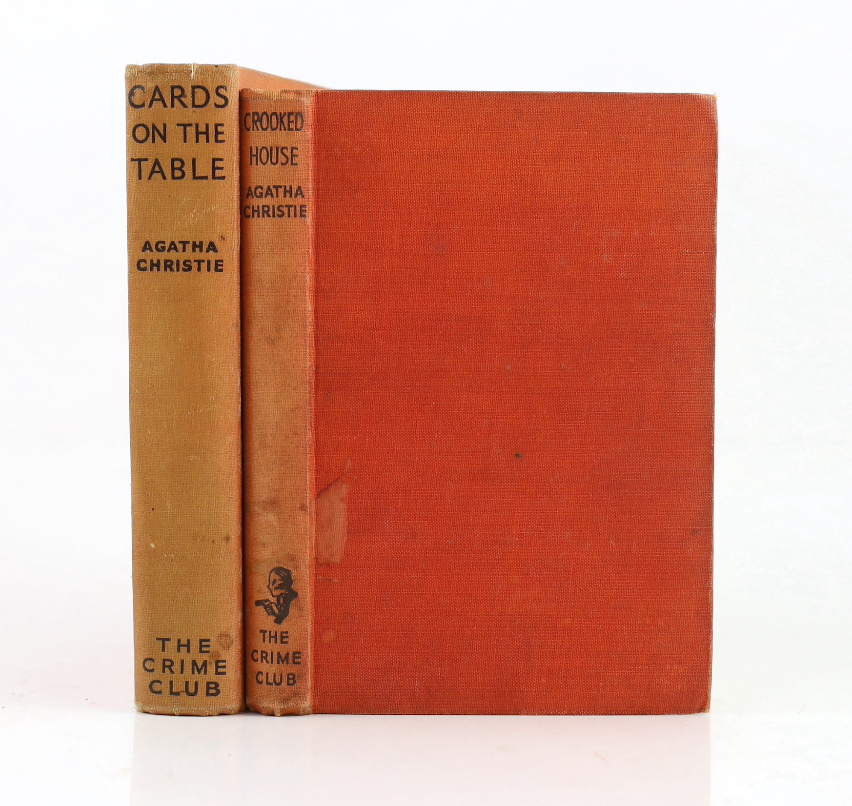 Christie, Agatha - 2 works - Cards on the Table, 1st edition, original orange cloth, spine sunned, The Crime Club for Collins, London, 1936 and Crooked House, 1st edition, original cloth, spine sunned, stain to front cov